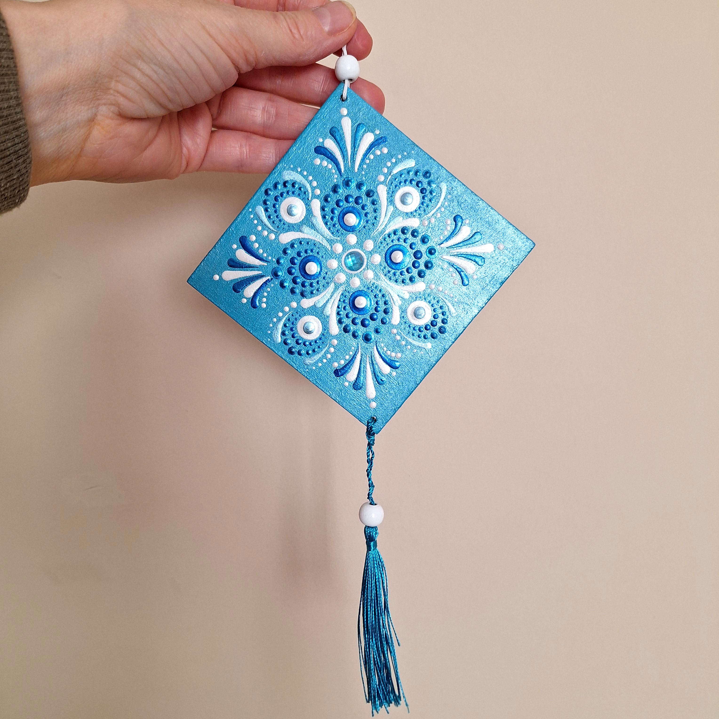 Türkiz mandalaszett - kézzel festett mandalakő, mini mandala és hűtőmágnes