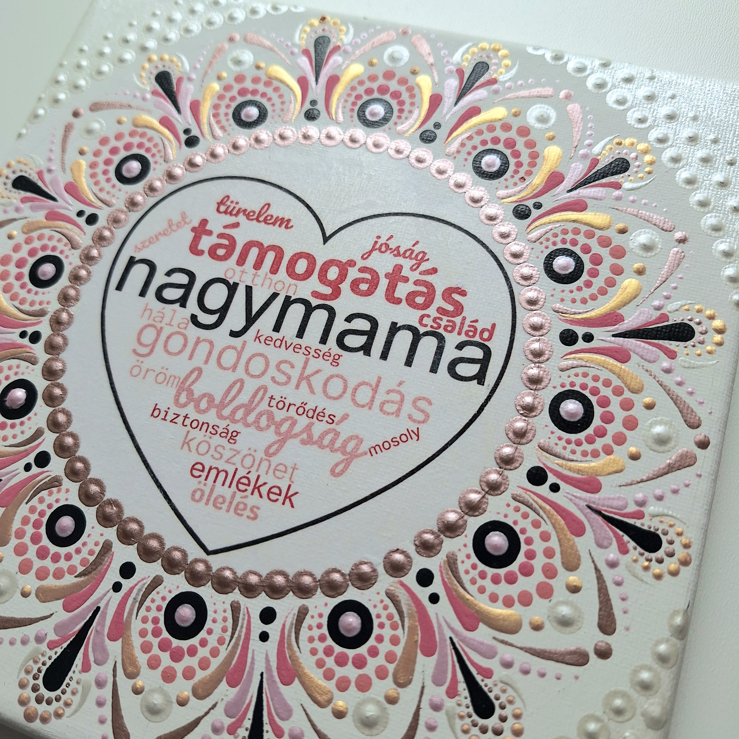 Nagymama - kézzel festett, szívhez szóló mandala ajándék